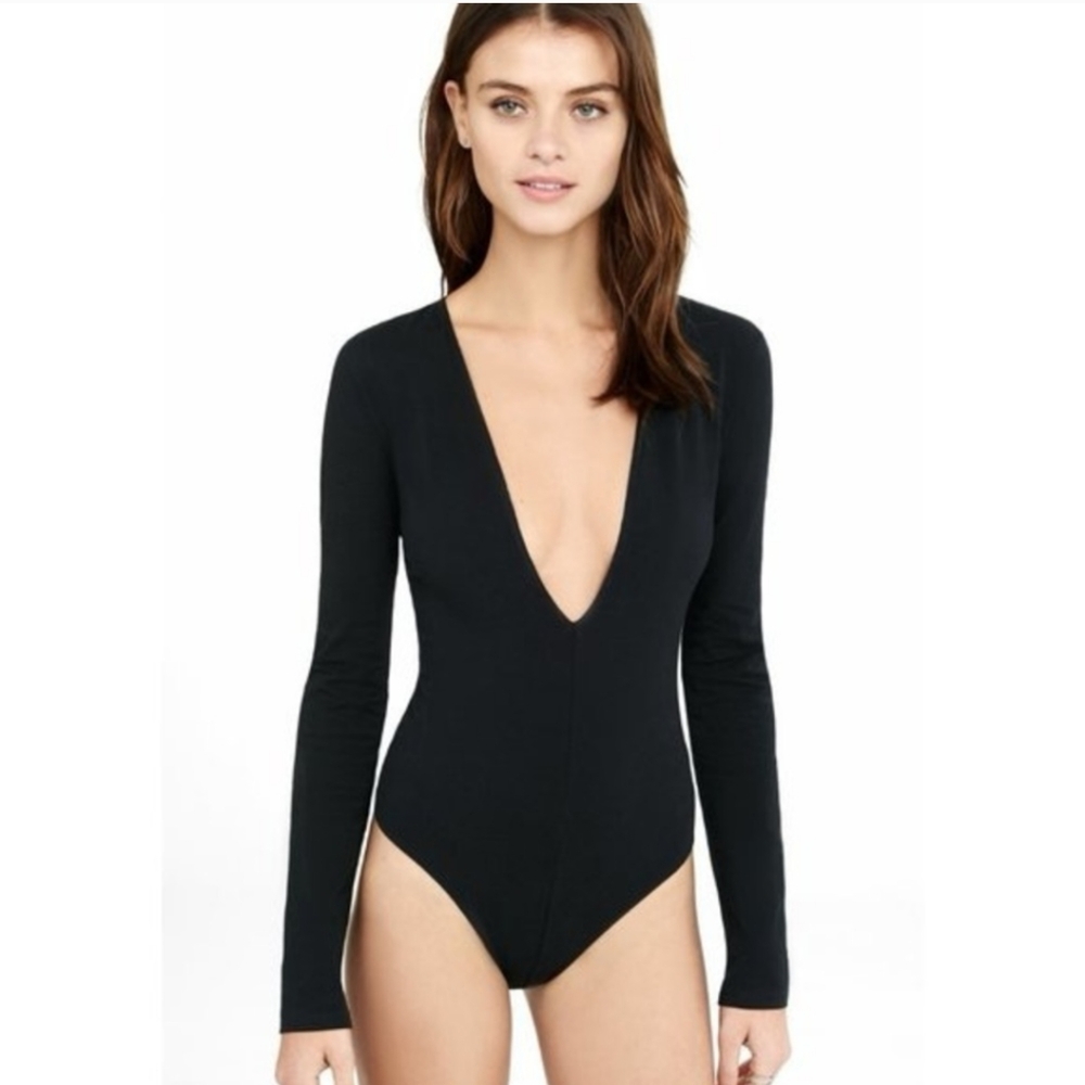 EXPRESS Black Bodysuit Women's Size XS Velvet Velour Deep V Long Sleeve Sexy